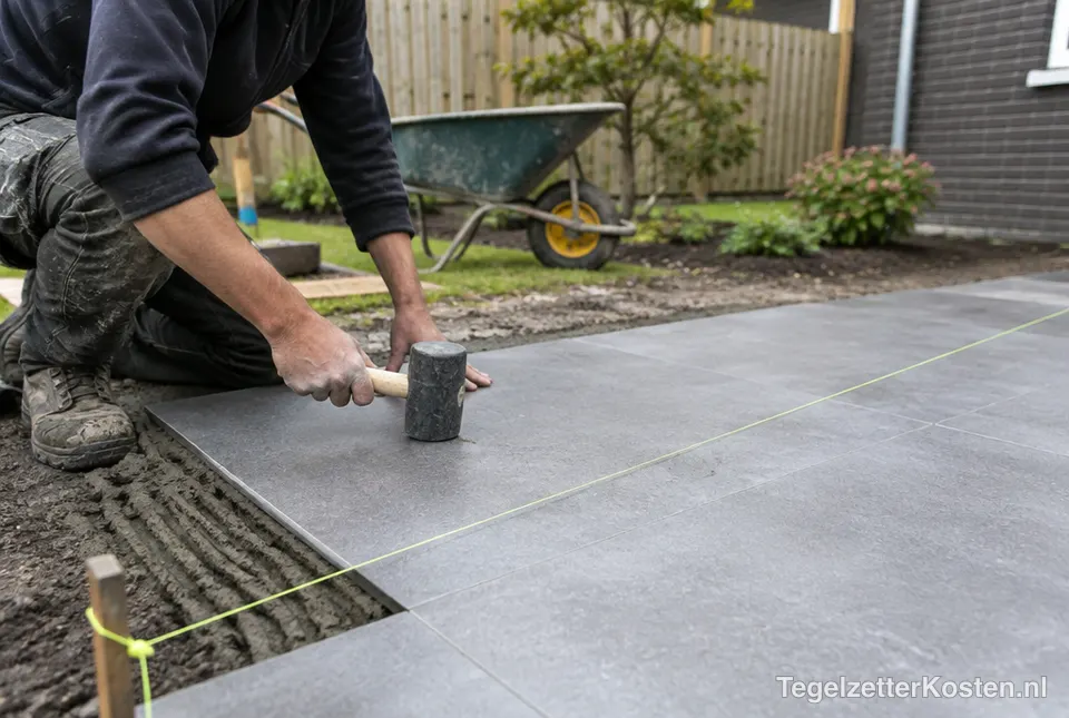 Keramische terrastegels worden in de tuin gelegd